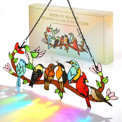 Huray Rayho stained glass sun catcher featuring birds on a branch, front view