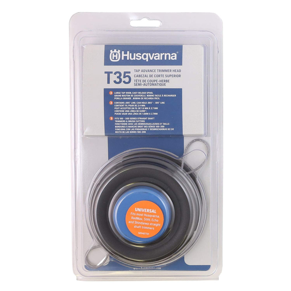 Husqvarna T35 String Trimmer Head Replacement front view, Blue and Black