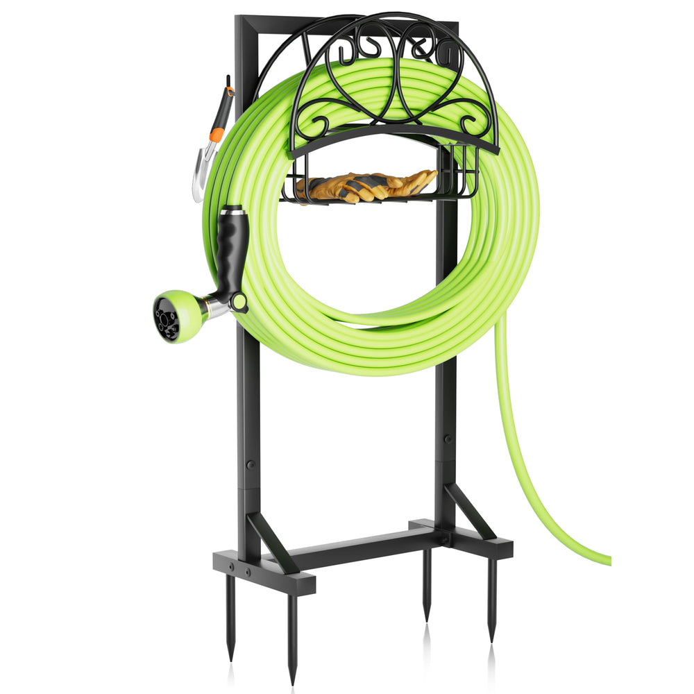 HXJLJY Garden Hose Holder front view with storage basket