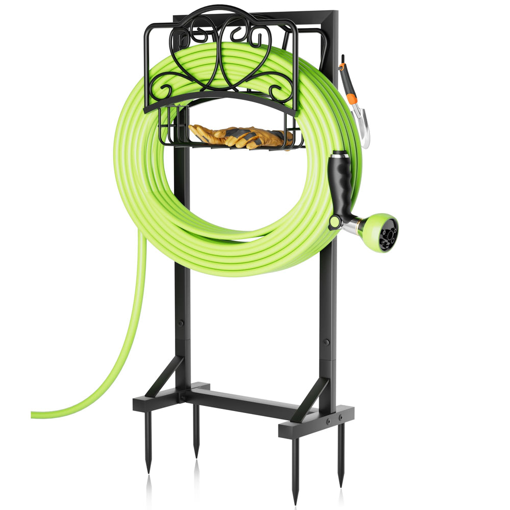 HXJLJY Garden Hose Holder with Storage Basket, front view