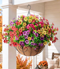 HyeFlora hanging flower basket side view showcasing rattan container and flowers