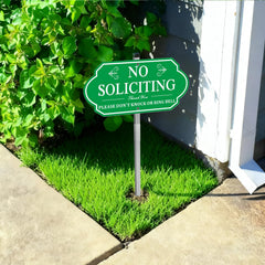i-CowFun No Soliciting Sign mounted on a tall stake