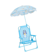 Idea Nuova Bluey Kids Outdoor Folding Beach Chair front view with umbrella