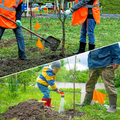 IKAYAS orange PVC marking flags in a garden setting