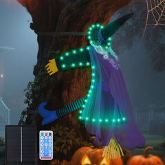 ILLUMINEW Halloween Crashing Witch Decoration front view with green-white hair