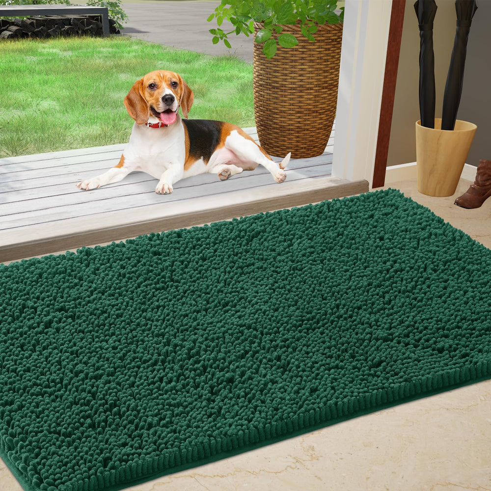 IM HOME Chenille Absorbent Indoor Door Mat front view in green