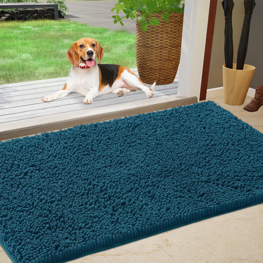 IM HOME Chenille Indoor Door Mat front view in teal blue