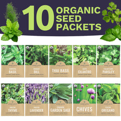 Individual seed packets of basil, cilantro, dill, and more