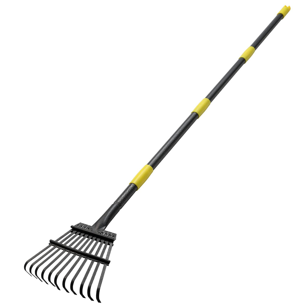 INFLATION Heavy Duty Leaf Rake front view with yellow handle and metal tines