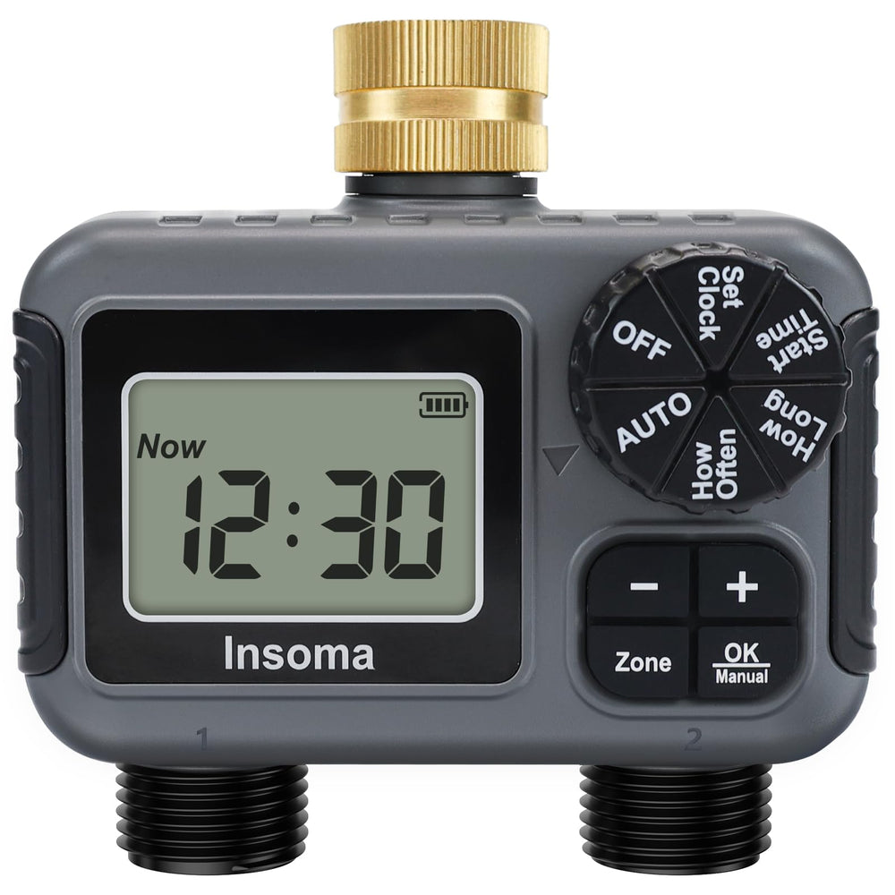 Insoma 2-Zone Hose Timer front view with brass inlet