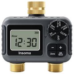 Insoma 2-Zone Water Timer front view with brass inlet and outlet
