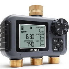 Insoma 3 Outlet Sprinkler Timer front view with brass inlet