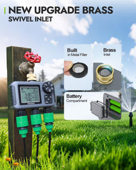 Insoma 3-Zone Sprinkler Timer showing brass inlet detail
