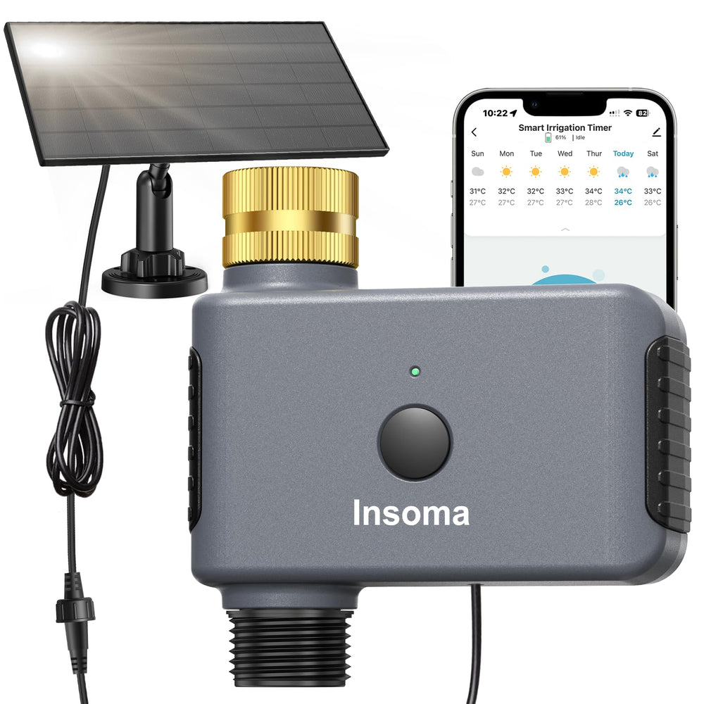 Insoma Solar WiFi Water Timer front view with solar panel