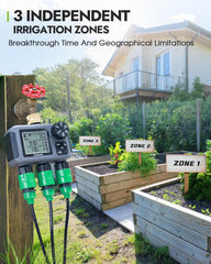 Insoma sprinkler timer showing brass inlet and 3 independent outlets