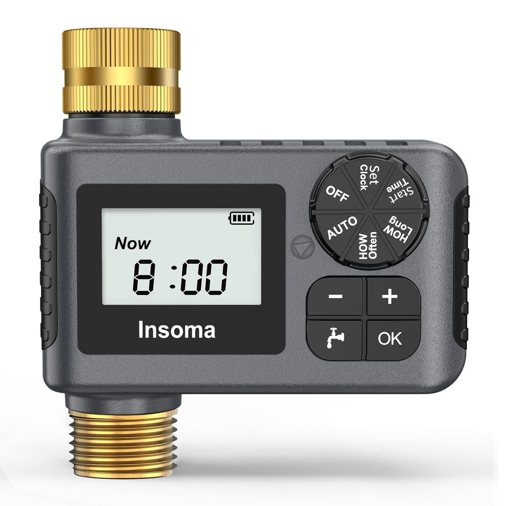 Insoma Sprinkler Timer with brass inlet and outlet front view
