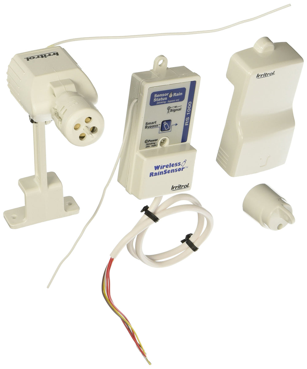 Irritrol RS1000 Wireless Rain Sensor white model front view with transmitter