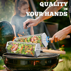 Ivtivfu Rolling Grill Basket side view showing stainless steel material