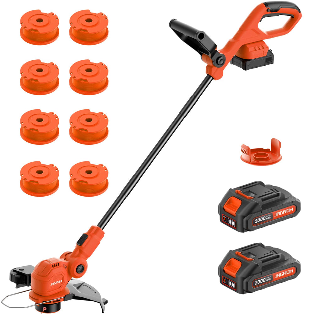 JAGROM 12-inch cordless string trimmer front view with battery and charger