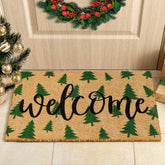 JarThenaAMCS Christmas Tree Door Mat front view with green Xmas trees