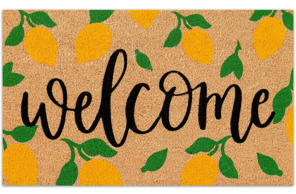 JarThenaAMCS Lemon Coir Door Mat front view with yellow lemon motifs