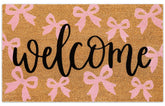 JarThenaAMCS Pink Bow Coir Door Mat front view with welcome text