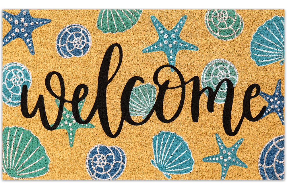 JarThenaAMCS Seashell Coir Door Mat front view with aqua blue design