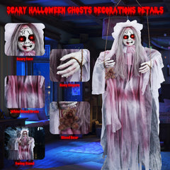 Jibeufi Halloween ghost in a blood-stained dress holding a teddy bear