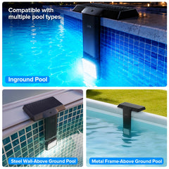 JJX Solar Pool Light installed on above-ground pool