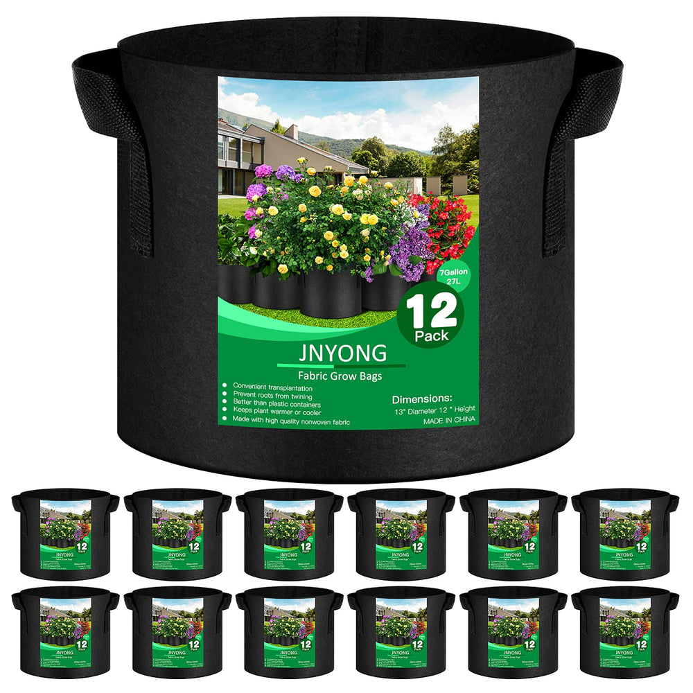 JNYONG 12-pack 7-gallon grow bags black front view with handle