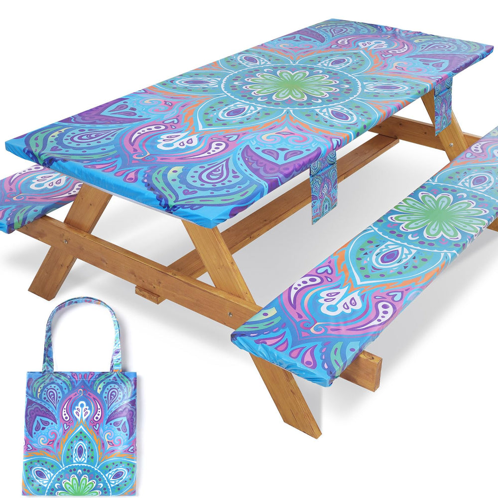 Jobunai Picnic Table Cover Set with Blue Bohemia pattern