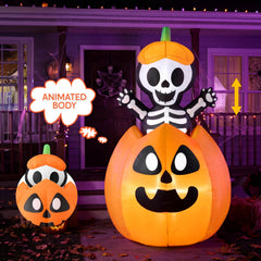 Joiedomi 5FT Halloween Inflatable Skeleton on Pumpkin front view