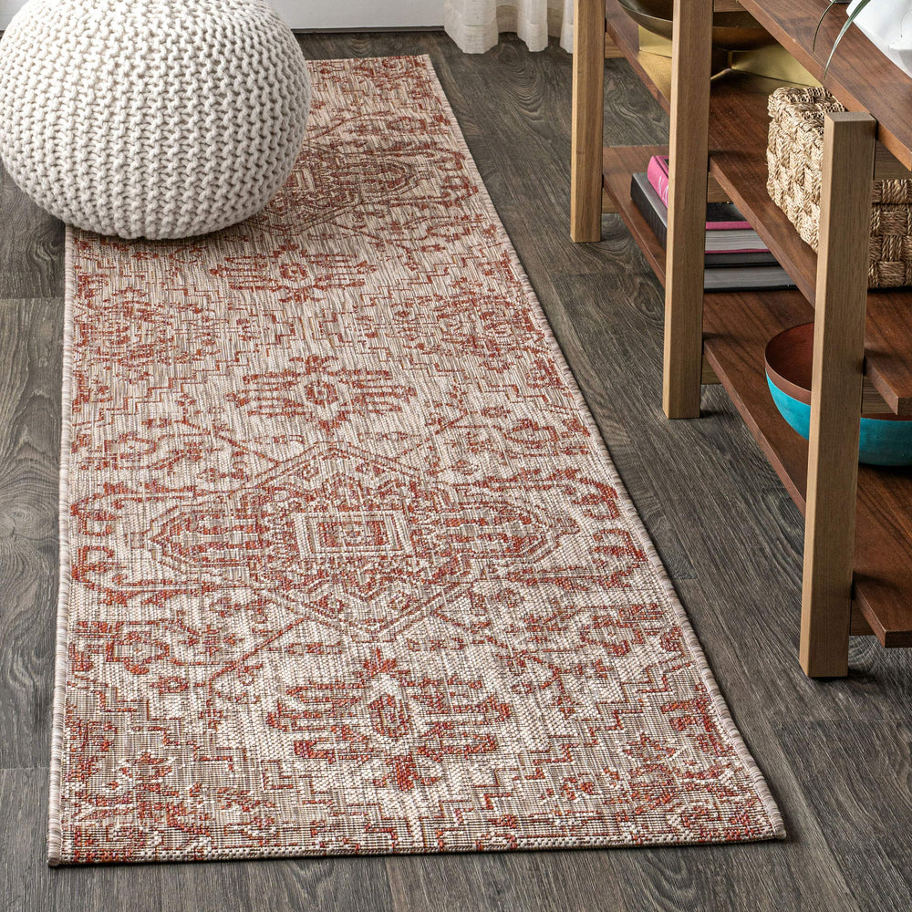 JONATHAN Y Boho Medallion Runner Rug front view in red and taupe