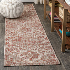 JONATHAN Y Boho Medallion Runner Rug front view in red and taupe