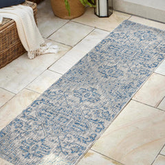 JONATHAN Y Boho Medallion Runner Rug placed on a patio