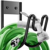 Josmimic Black Metal Garden Hose Holder front view, showcasing sleek design