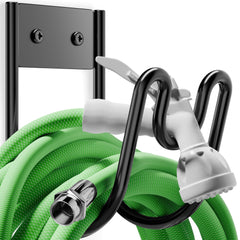 Josmimic Black Metal Garden Hose Holder front view, showcasing sleek design