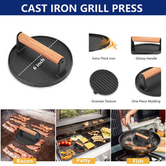 Joyfair cast iron grill press on a barbecue