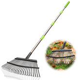 joyhalo garden rake front view with 18-inch wide head and 25 tines