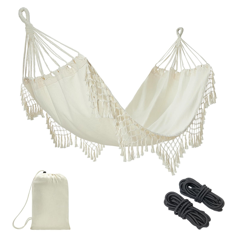 JoyView Boho Macrame Hammock front view with elegant tassels