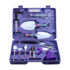 JUMPHIGH 10-piece gardening tools set with floral print, purple carrying case