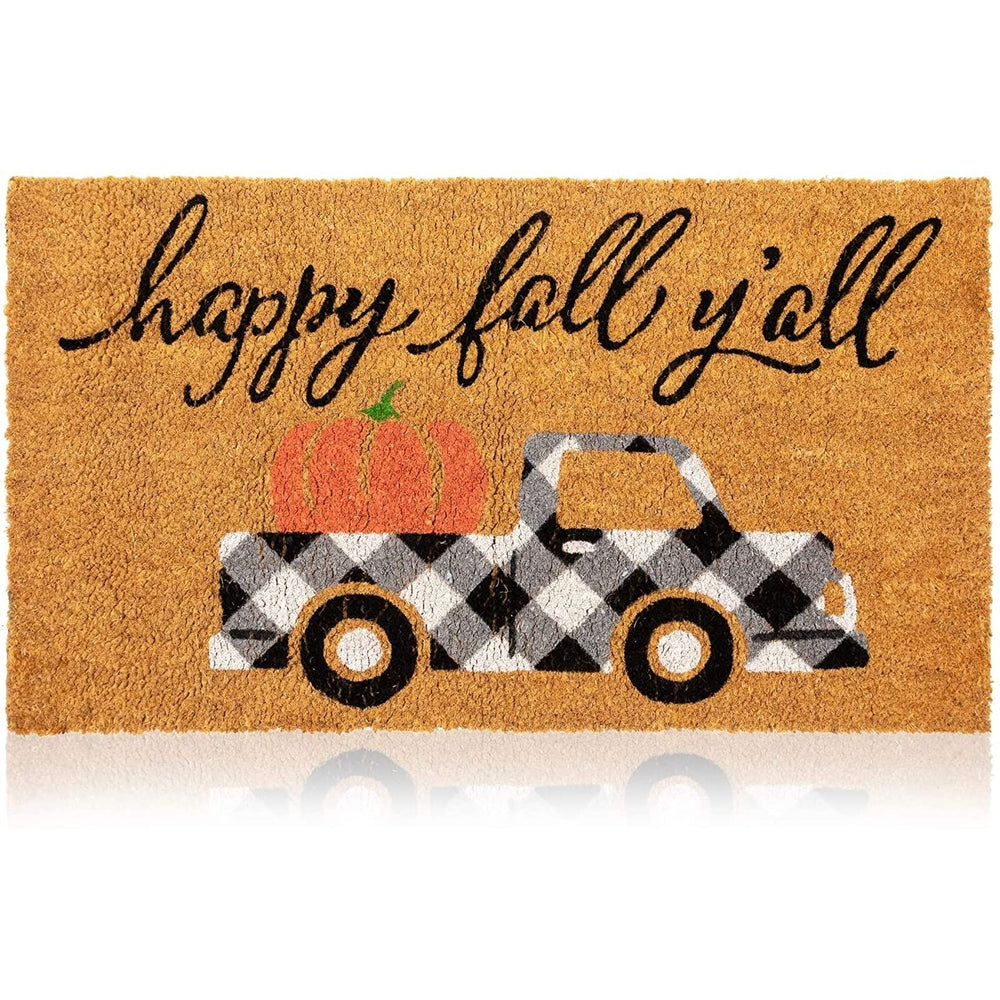 Juvale Coir Door Mat front view with pickup truck and pumpkin design