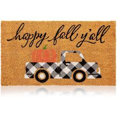 Juvale Coir Door Mat front view with pickup truck and pumpkin design