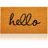 Juvale Hello Coir Doormat front view, brown low pile design