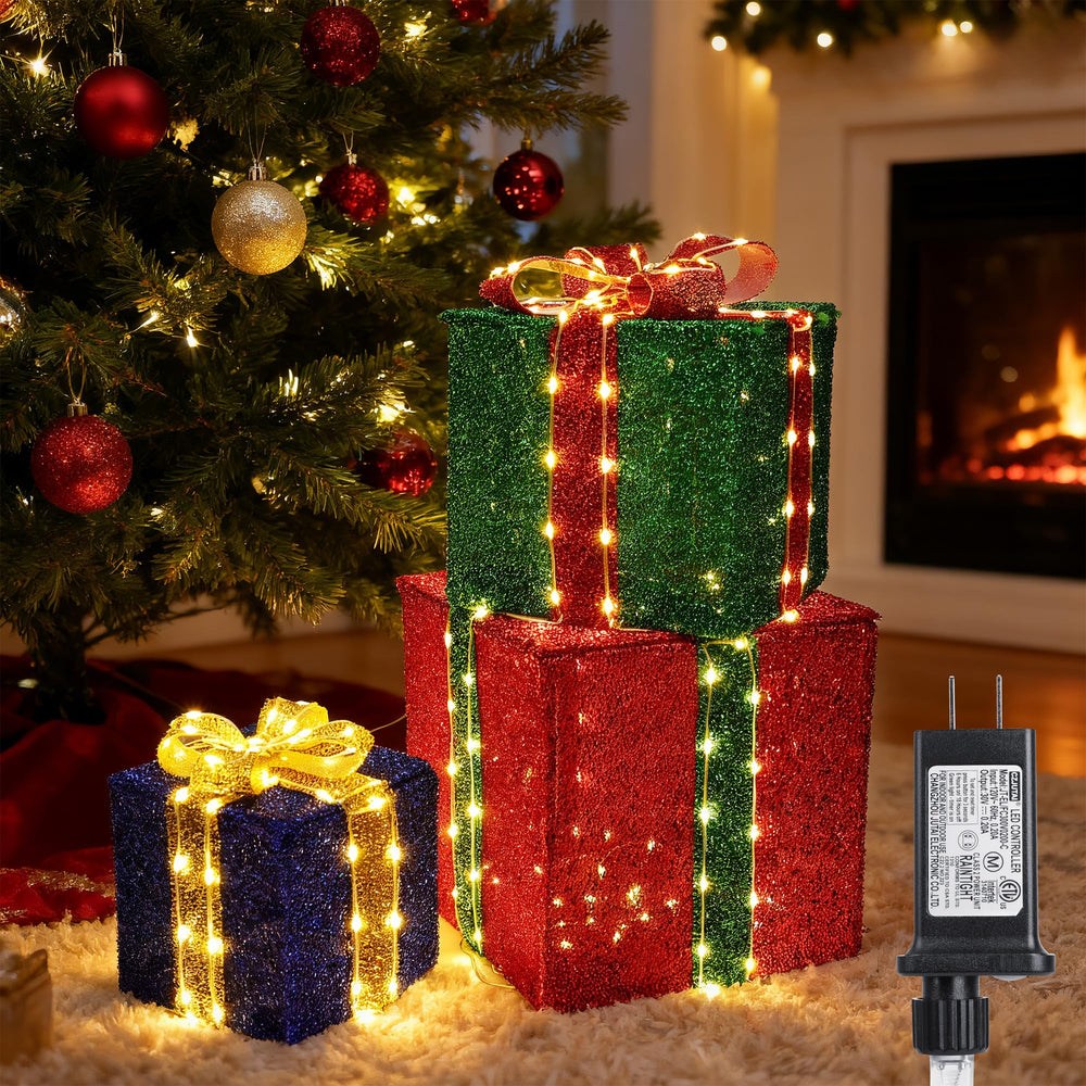 Jyoiat Set of 3 Christmas Lighted Gift Boxes with warm white LEDs
