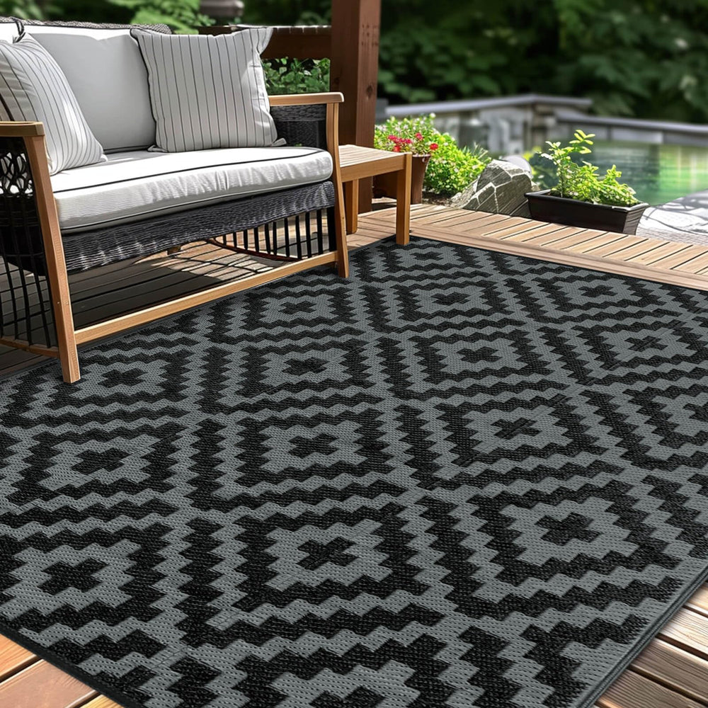 Kalafun Outdoor Patio Rug 6x9 ft in Black Grey, front view