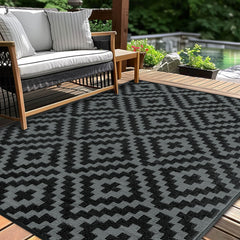 Kalafun Outdoor Patio Rug 6x9 ft in Black Grey, front view
