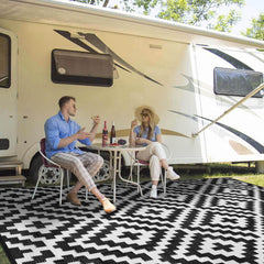 Kalafun Outdoor Patio Rug 8x10 ft front view with black and white pattern