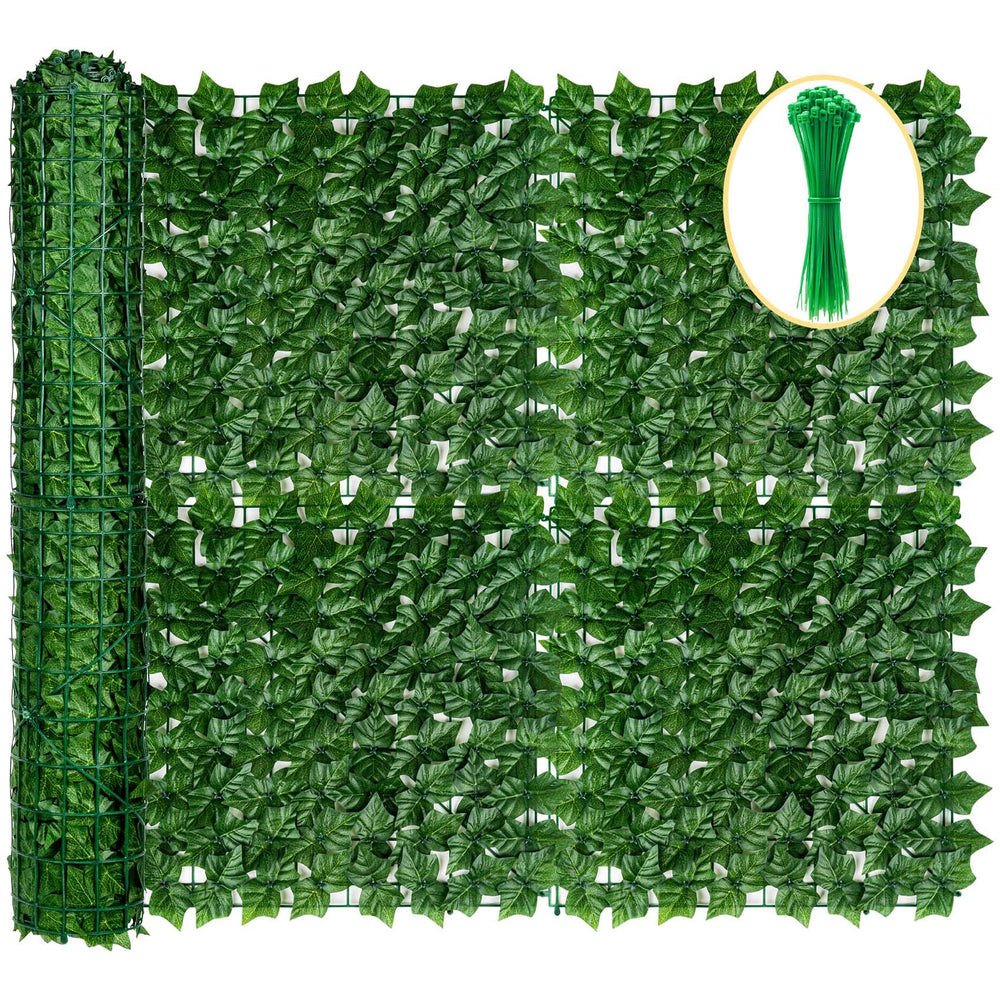 KASZOO artificial ivy privacy fence screen front view with green maple leaves