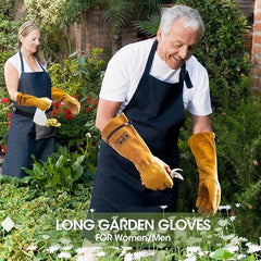 KDK Long Cowhide Gardening Gloves lifestyle scene in a garden